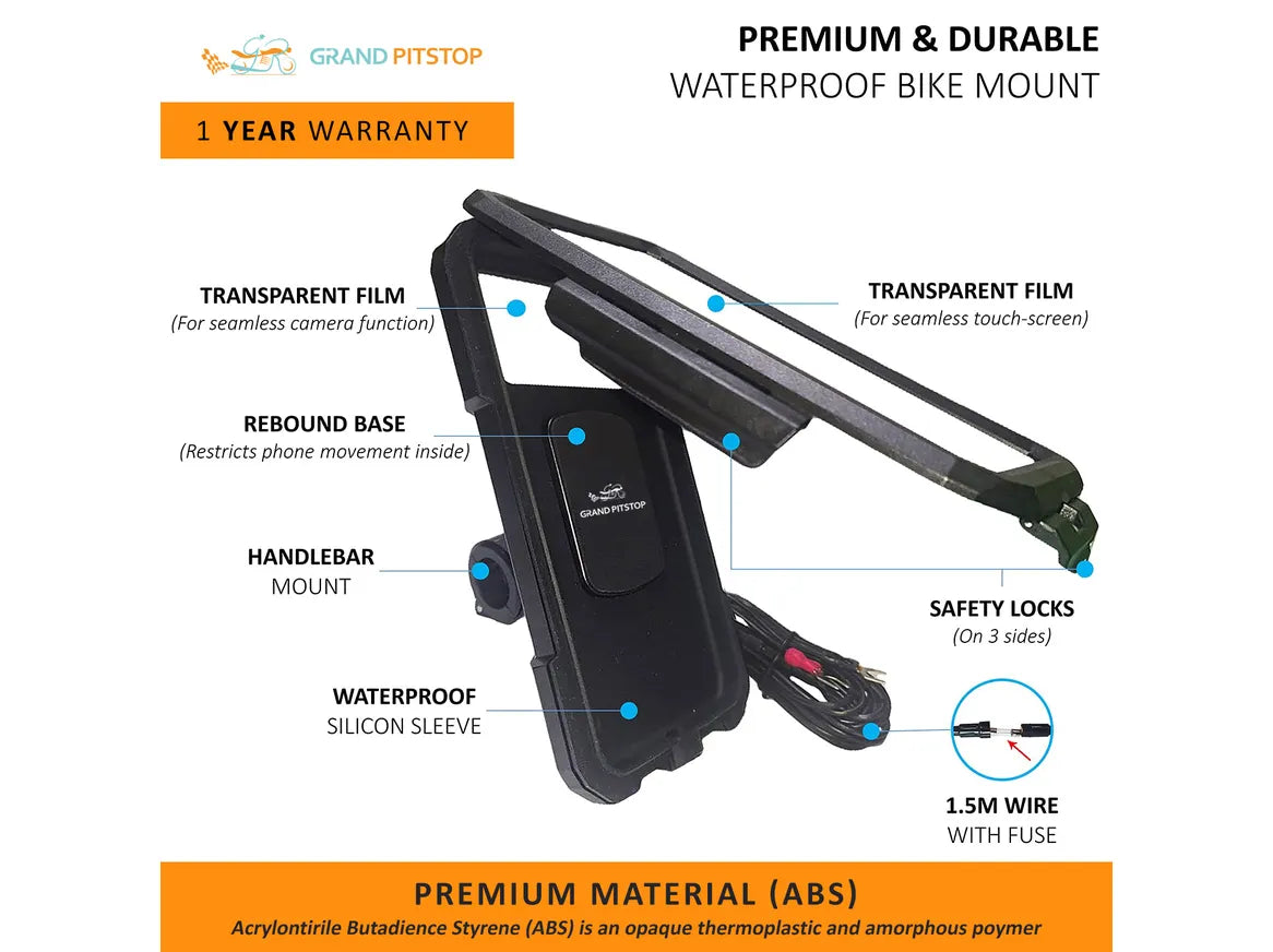 Handlebar Mount Fully Waterproof Bike / Motorcycle / Scooter Mobile Phone Holder Mount with Fast 15W Wireless & USB-C Input/Output Charger, Ideal for Maps and GPS Navigation (Black)