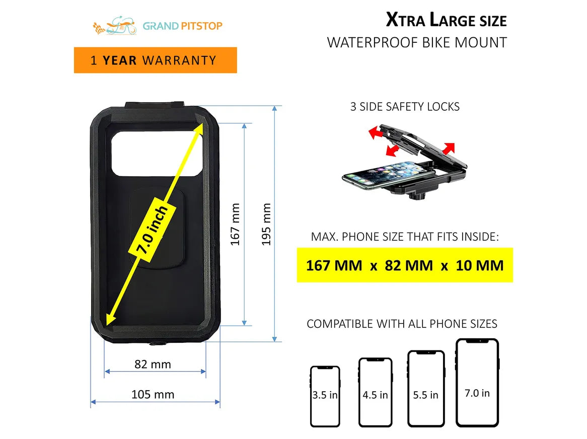 Handlebar Mount Fully Waterproof Bike / Motorcycle / Scooter Mobile Phone Holder Mount with Fast 15W Wireless & USB-C Input/Output Charger, Ideal for Maps and GPS Navigation (Black)