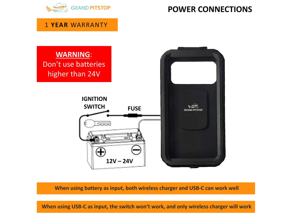 Handlebar Mount Fully Waterproof Bike / Motorcycle / Scooter Mobile Phone Holder Mount with Fast 15W Wireless & USB-C Input/Output Charger, Ideal for Maps and GPS Navigation (Black)