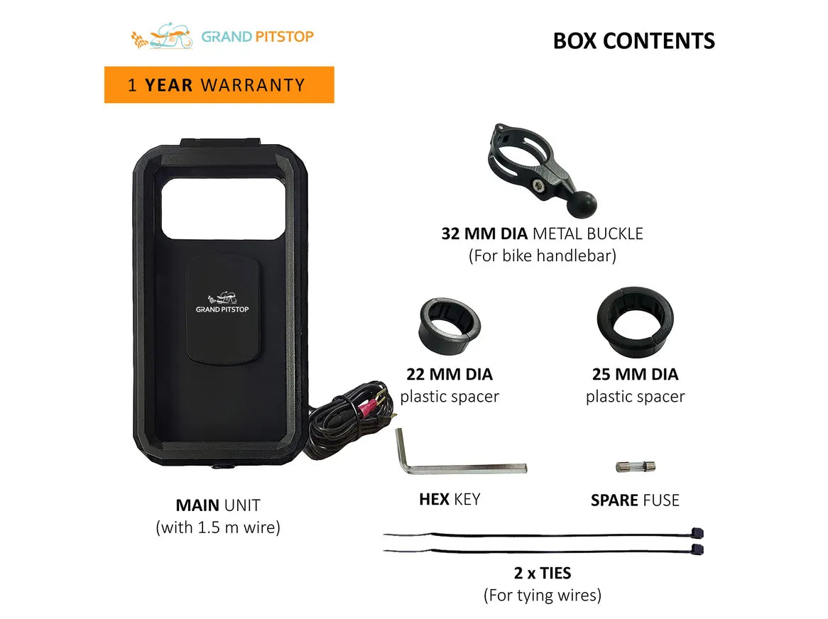 Handlebar Mount Fully Waterproof Bike / Motorcycle / Scooter Mobile Phone Holder Mount with Fast 15W Wireless & USB-C Input/Output Charger, Ideal for Maps and GPS Navigation (Black)